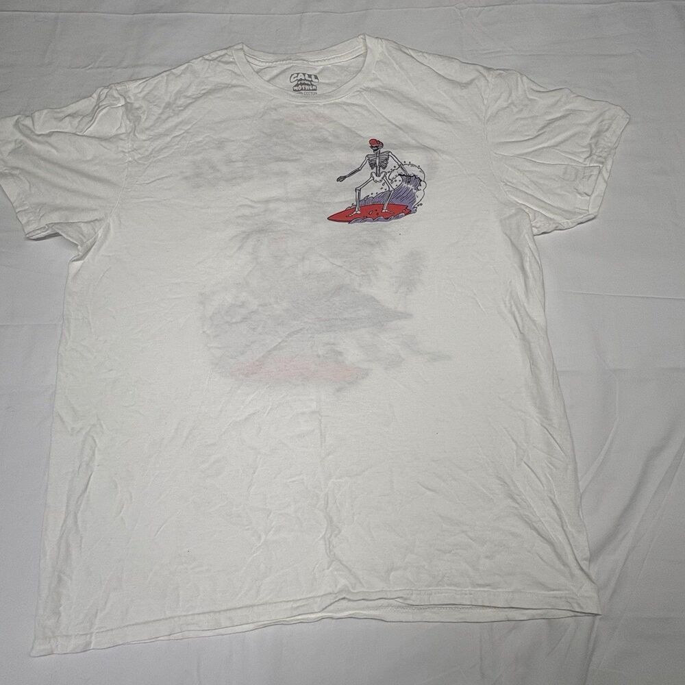 Call Your Mother Mens L Malibu California Skeleton Surf Graphic T-Shirt White